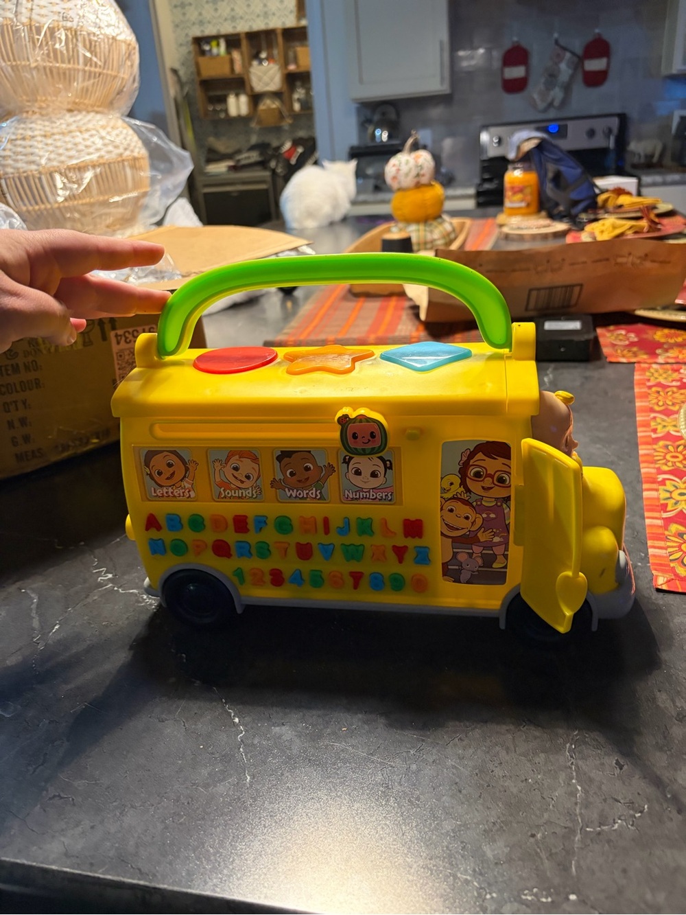 Yellow Kids Learning Bus Toy with Green Handle - Educational Letters & Numbers